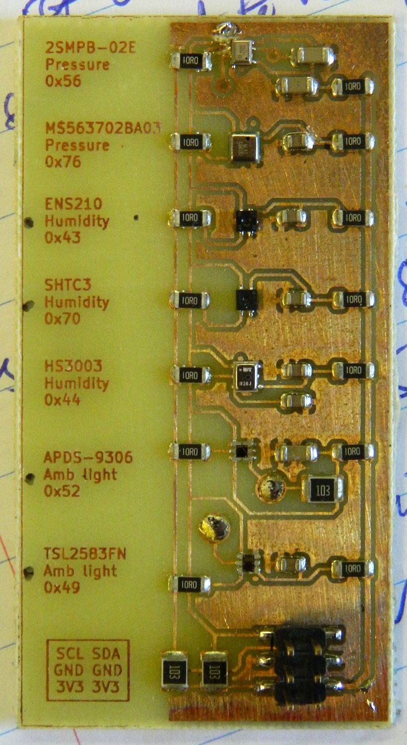 Photo of several environmental sensor ICs on a home-made circuit board.
